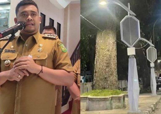 Wali Kota Medan Bobby Nasution saat menggelar doorstop dengan wartawan terkait proyek lampu jalan 1.700 unit yang dinilai gagal usai pemeriksaan Insfektorat Kota Medan didampingi Badan Pemeriksa Keuangan (BPK) RI Perwakilan Sumut di Lobi Balai Kota Medan, Selasa (9/5).(Foto: informasiterpercaya.com)