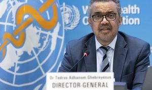 TEKS: Direktur Jenderal WHO Tedros Adhanom Ghebreyesus pada konferensi pers di Jenewa, Jumat (5/5).(Dok)