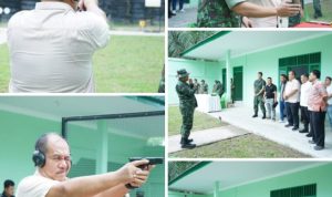 TEKS: Wakil Bupati Asahan Taufik Zainal Abidin Siregar, S.Sos, MSi saat mengikuti latihan menembak di Lapangan Tembak Makodim 0208/AS.(Foto:informasiterpercaya.com)