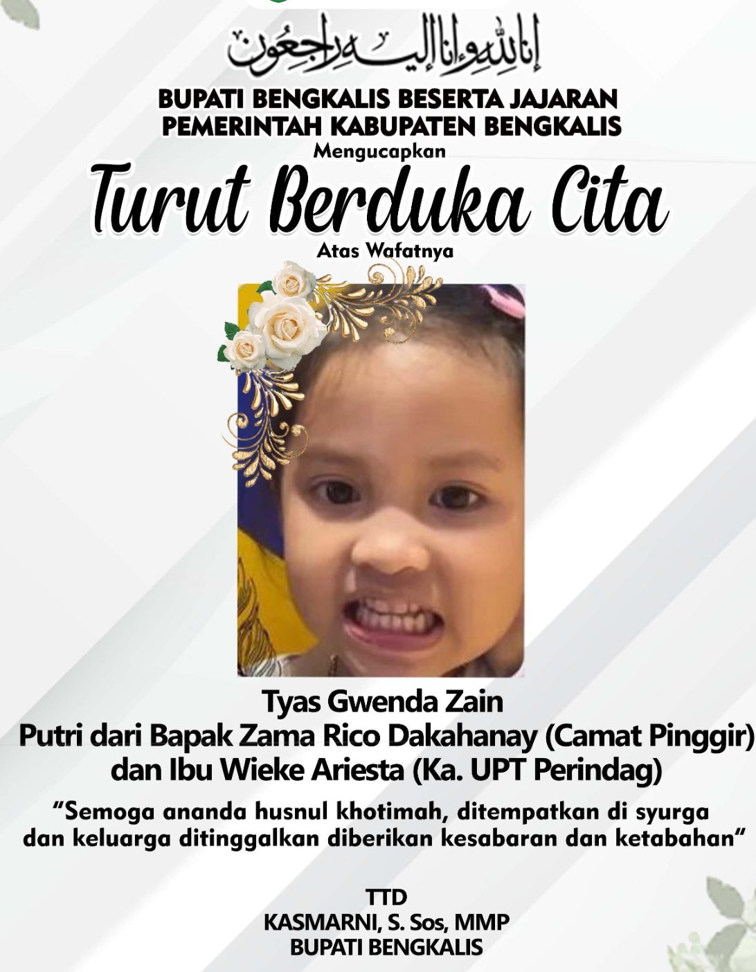 Bupati Bengkalis Kasmarni mengucapkan belasungkawa atas meninggalnya ananda Tyas Gwenda Zain. (Dok)