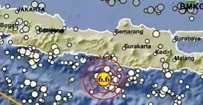 BADAN Meteorologi, Klimatologi, dan Geofisika (BMKG) mencatat terjadinya gempa bumi di wilayah Bantul, Daerah Istimewa Yogyakarta, dengan kekuatan M 6,4 (sebelumnya tercatat 6,6).(Foto:www.informasiterpercaya.com)